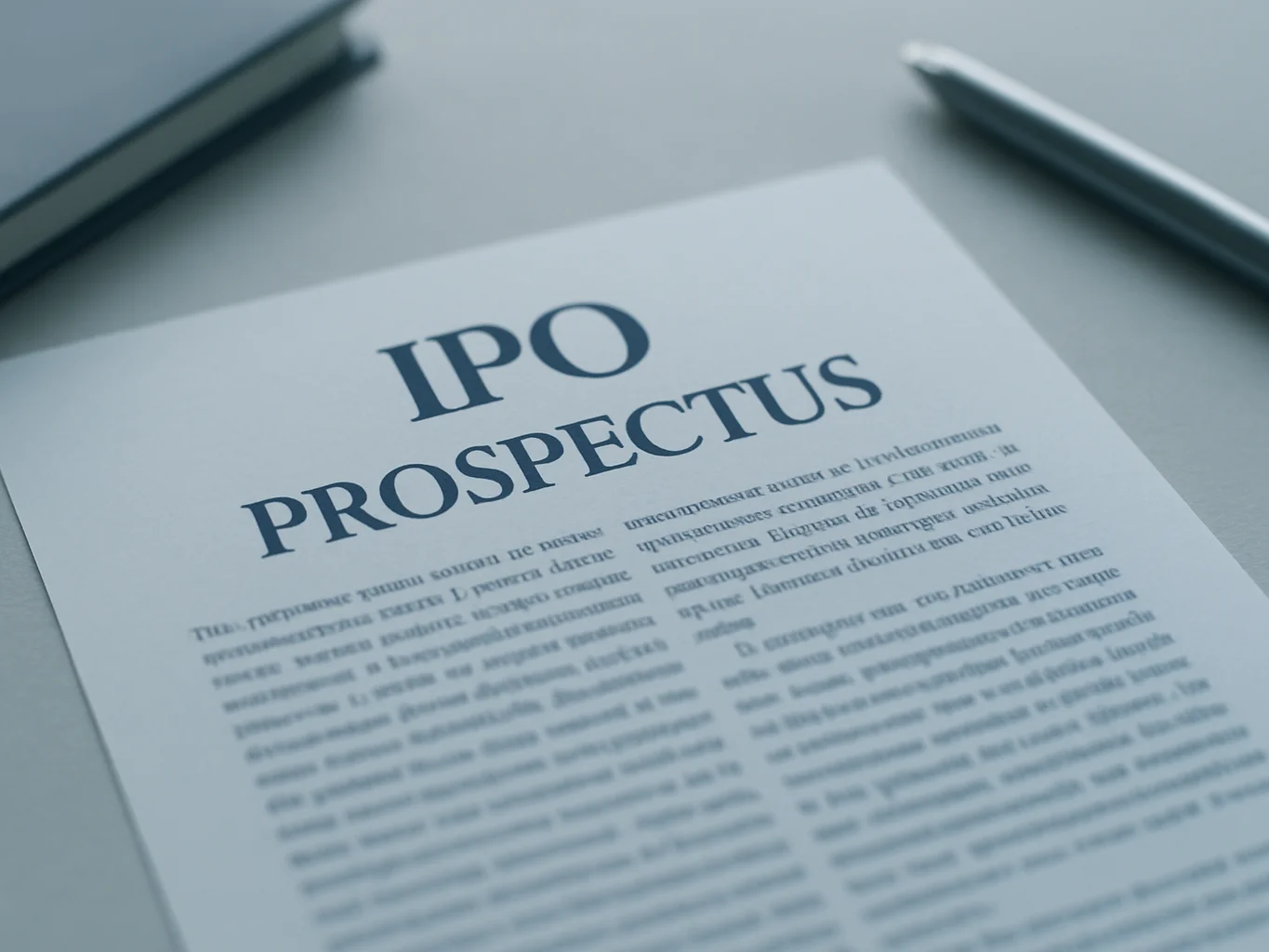 Close detail of an IPO prospectus page on a neutral desk, soft even daylight, restrained blue-gray tones, shallow depth