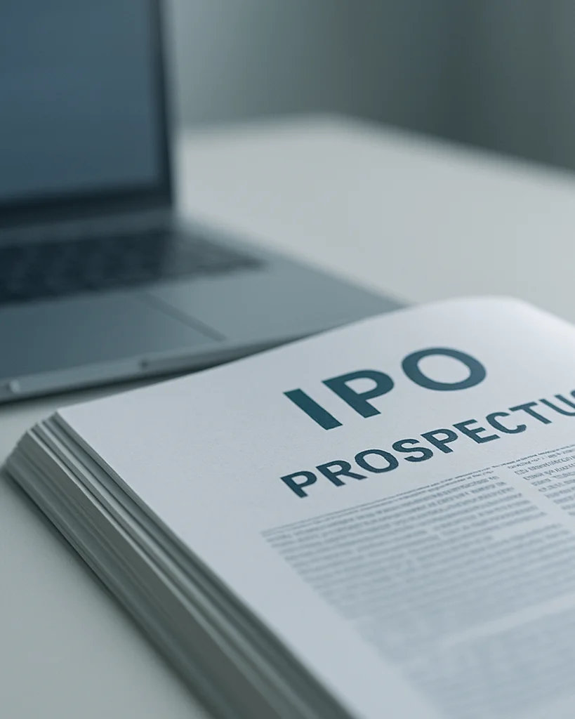 Close documentary detail of an IPO prospectus open on a clean desk beside a laptop with an unreadable, blurred screen, s